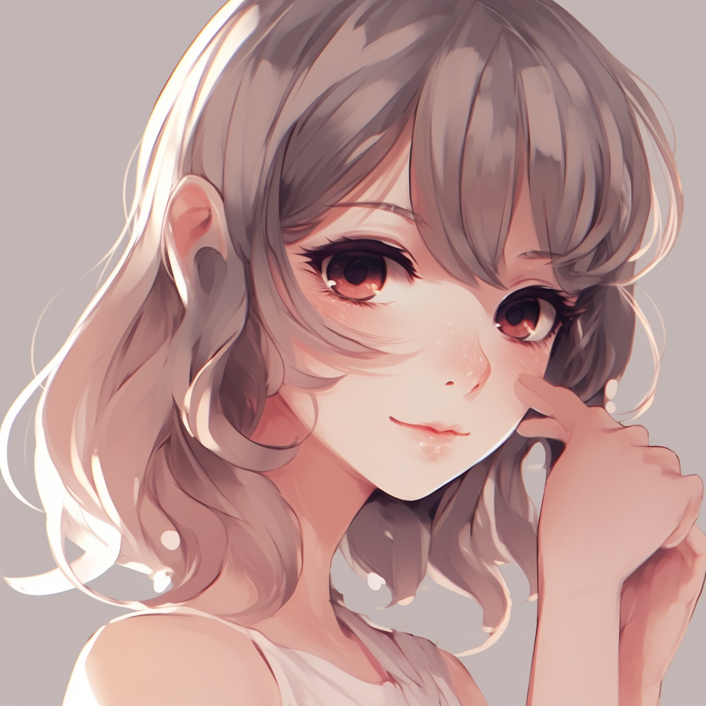 Anime style, woman with brown short hair, french bob hairstyle with bangs,  blue-grey eyes, wavy hair, discord profile picture, calm, front facing