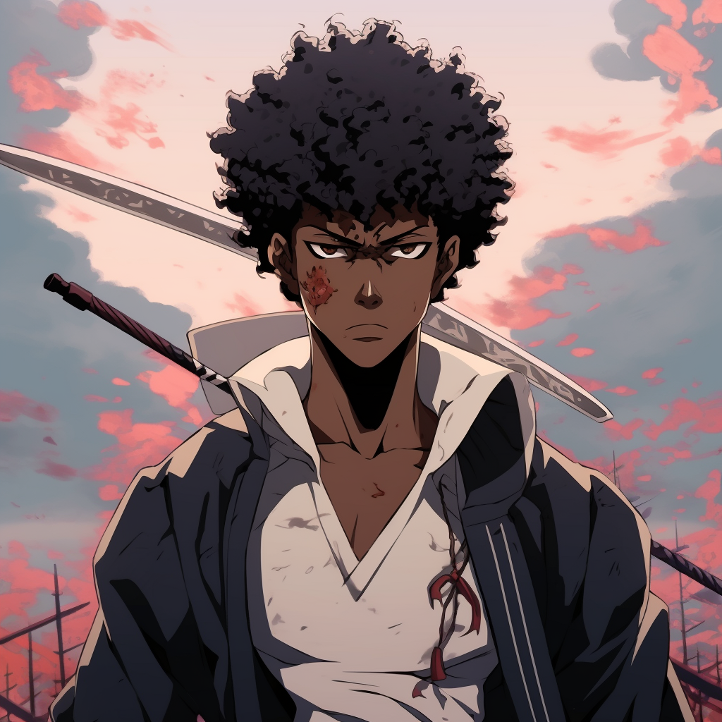 Dramatic Anime Illustration Shirtless Man with Afro Slicing Cigar Against  Urban Skyline | MUSE AI