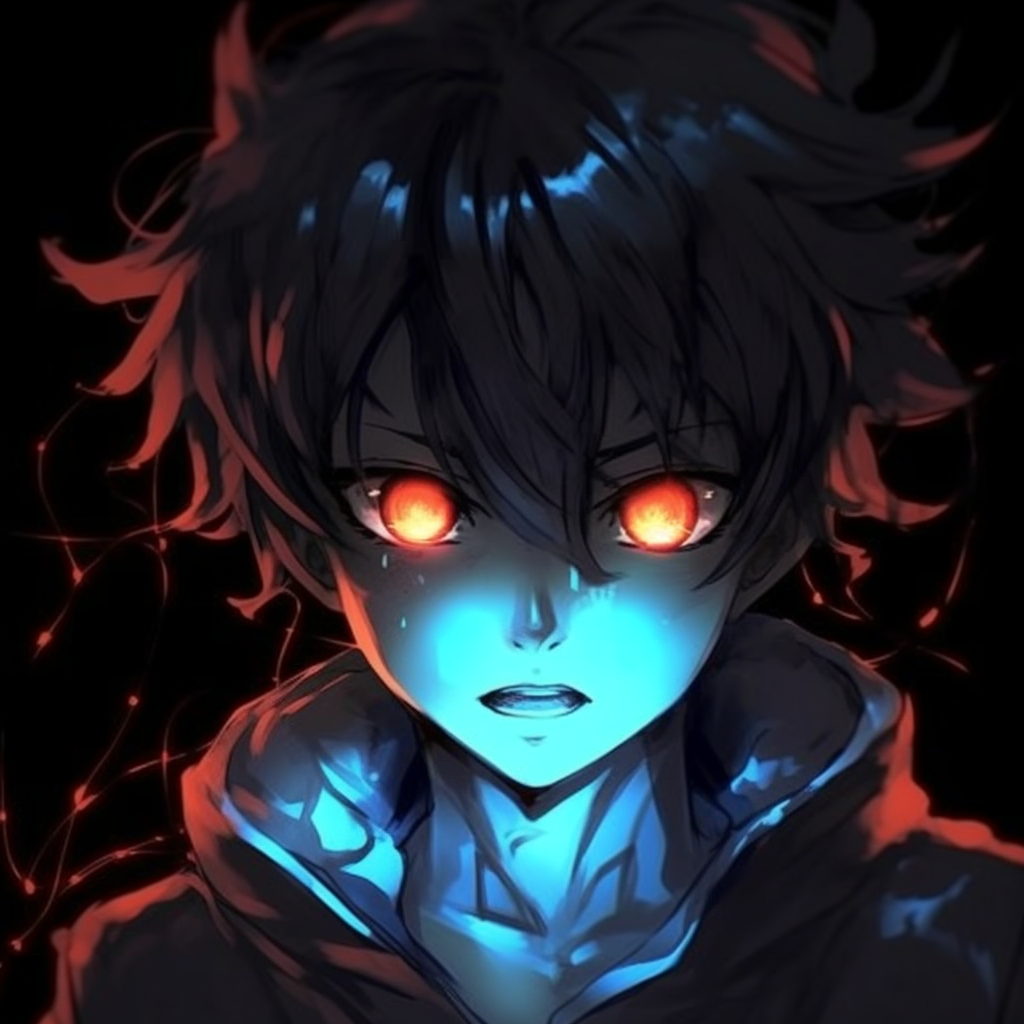 Dark anime character with glowing blue eyes surrounded by red flames