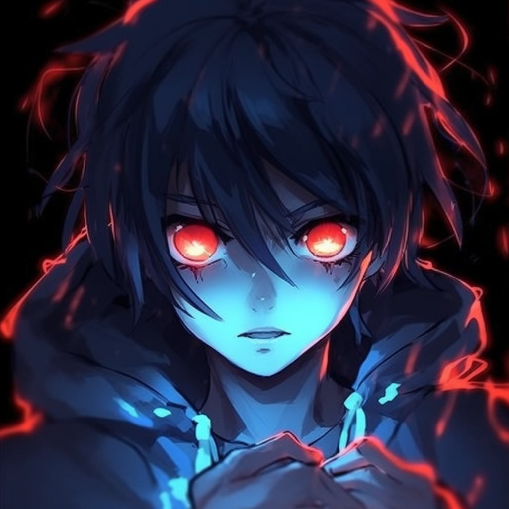 Dark anime character with glowing blue eyes surrounded by red flames